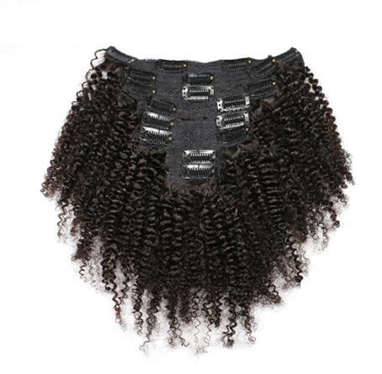 Afro Kinky Curly Clip In Hair Extensions made of human virgin hair, displayed in a curly state with visible curl patterns and secured with metal clips.