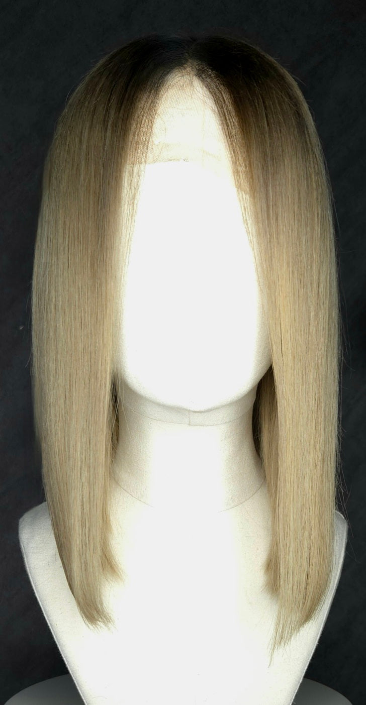 Audrey: 14" Human Hair Wig - Straight Blonde Bob with Dark Roots Perth