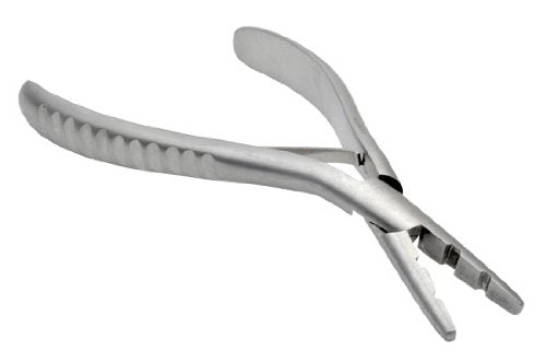 A pair of stainless steel hair extension pliers with a curved tip design and non-slip grip.
