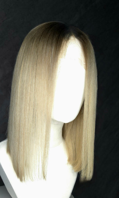 Audrey: 14" Human Hair Wig - Straight Blonde Bob with Dark Roots Perth