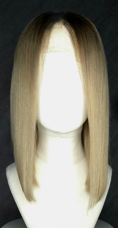Audrey: 14" Human Hair Wig - Straight Blonde Bob with Dark Roots Perth