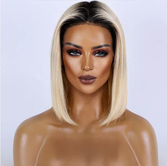 Dahlia Blonde - Blonde Blunt Cut Wig | Dark Root, Chic Style
