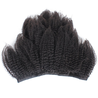 A clip-in hair extension featuring an Afro Kinky Curly texture, designed for Black women.